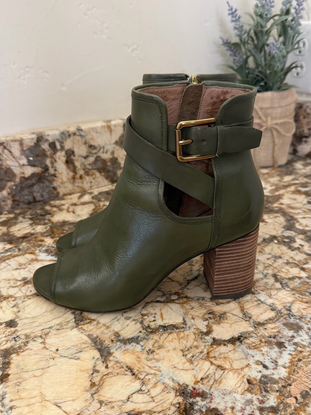 Donald J. Pliner Leather Olive Green Peep-Toe Ankle Boot with Gold Buckle Accent
